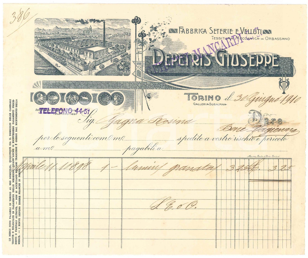 1910 TORINO Galleria Subalpina - Giuseppe DEPETRIS Seterie Velluti - Fattura (2)