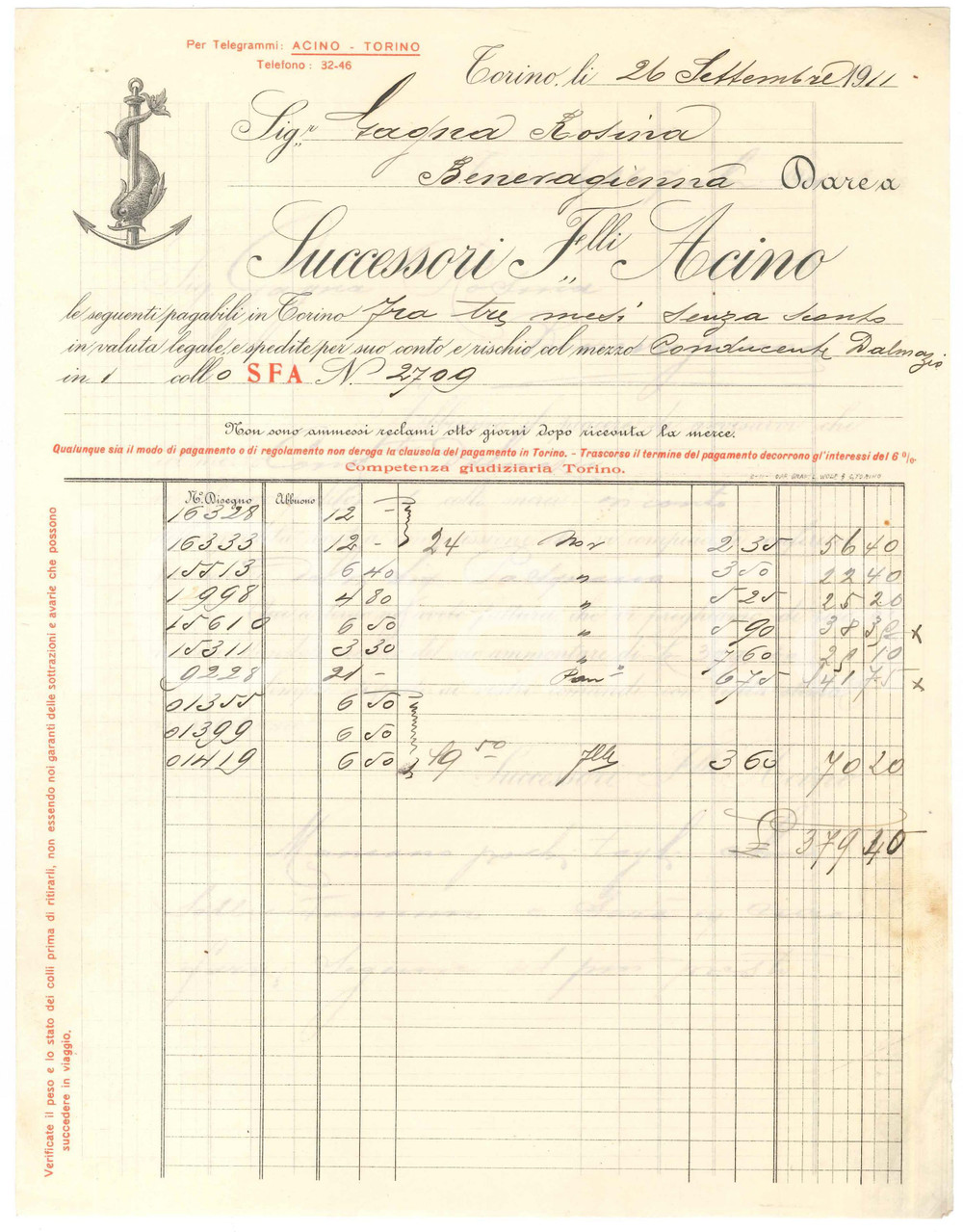 1911 TORINO - Successori F.lli ACINO Stoffe - Fattura commerciale (1) Fattura commerciale d'epoca manoscritta, su carta intestata.PAGINE: 2 FAIR/discreto piegature d'epoca; piccoli fori da spillatura; macchia al lato destro Formato: 22x28 cm originale e autentica 1