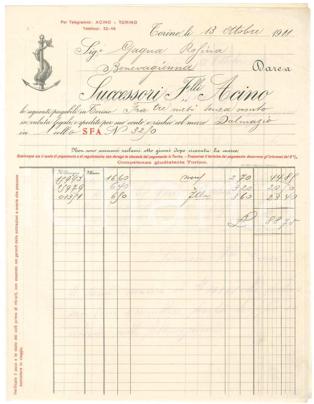 1911 TORINO - Successori F.lli ACINO - Tessuti *Fattura commerciale (2)