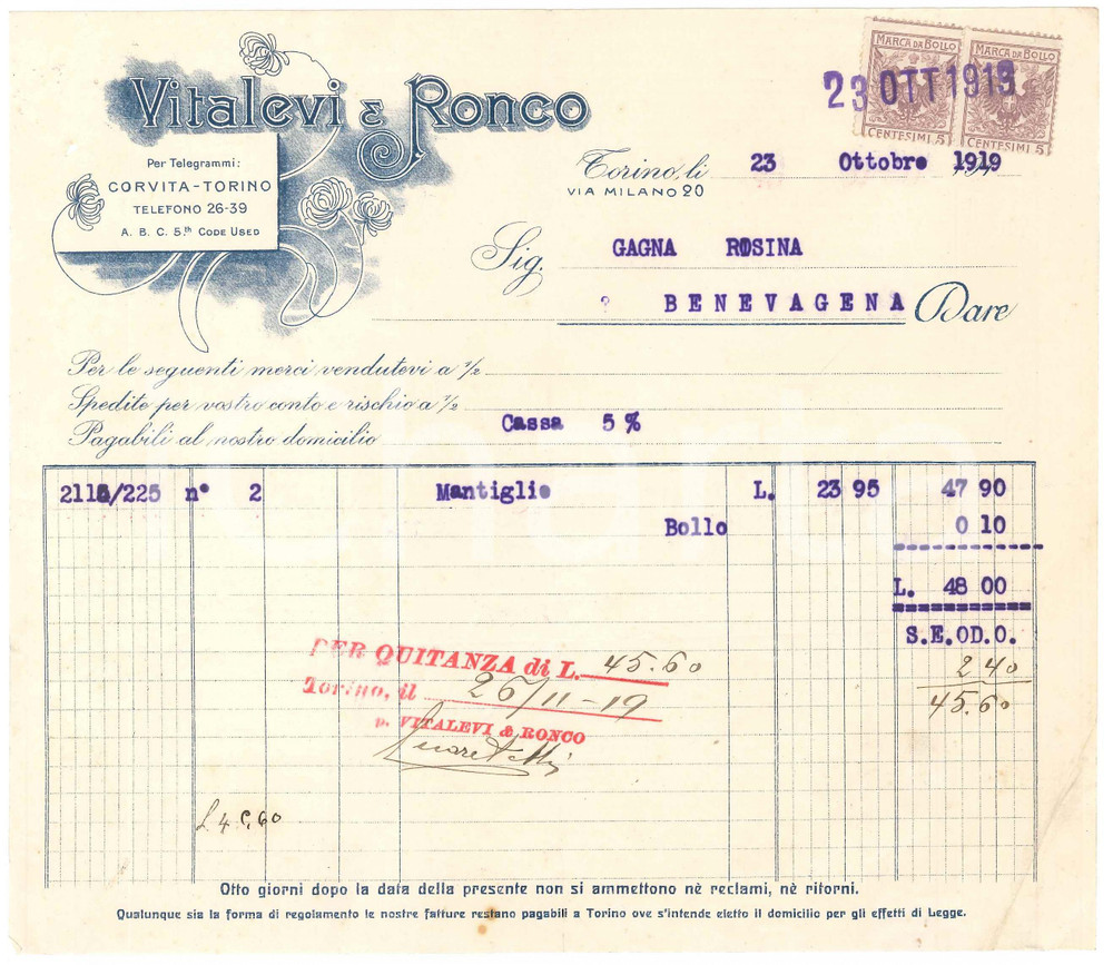 1919 TORINO Via Milano 20 - VITALEVI & RONCO - Fattura per mantiglie Fattura commerciale d'epoca manoscritta, su carta intestata.Marche da bollo.PAGINE: 1 FAIR/discreto piegature d'epoca; piccolo foro; minime macchie  originale e autentica 1