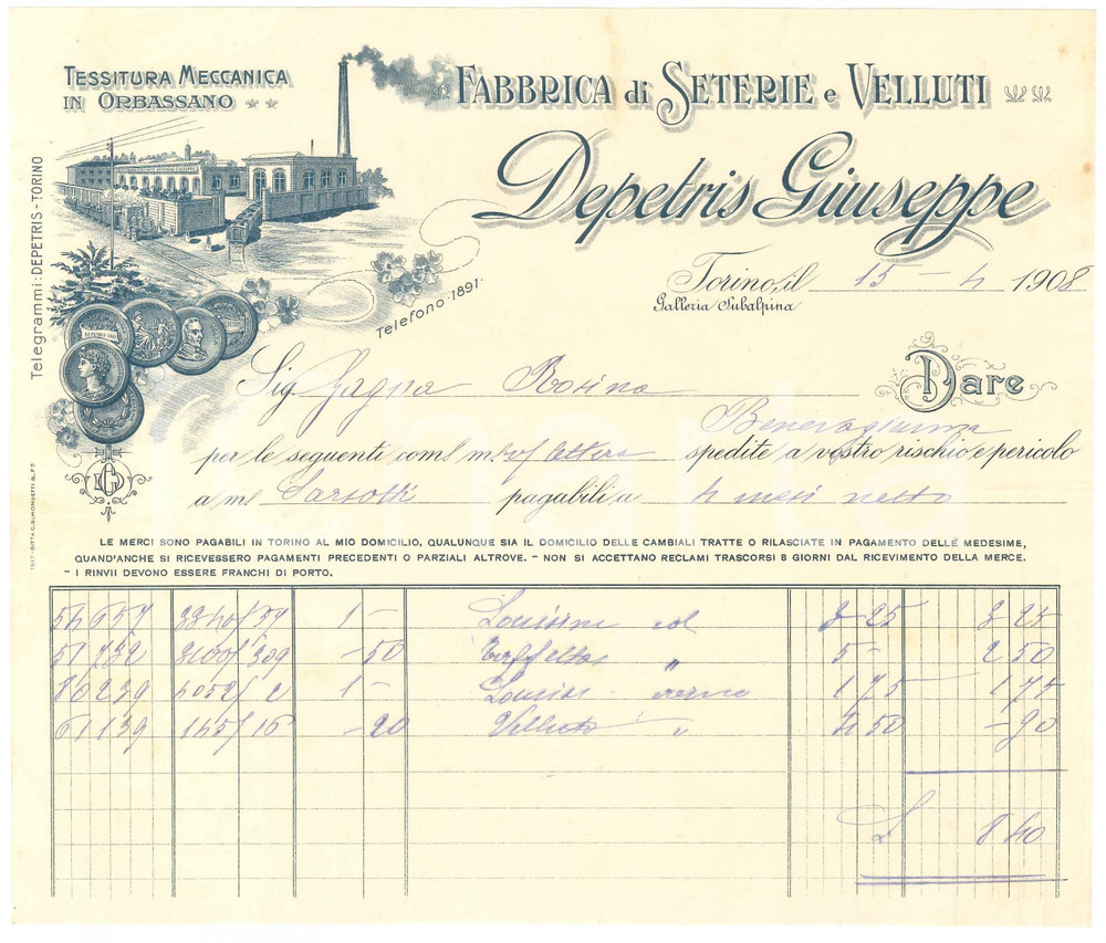 1908 TORINO Galleria Subalpina - Giuseppe DEPETRIS Fabbrica Seterie *Fattura (2)