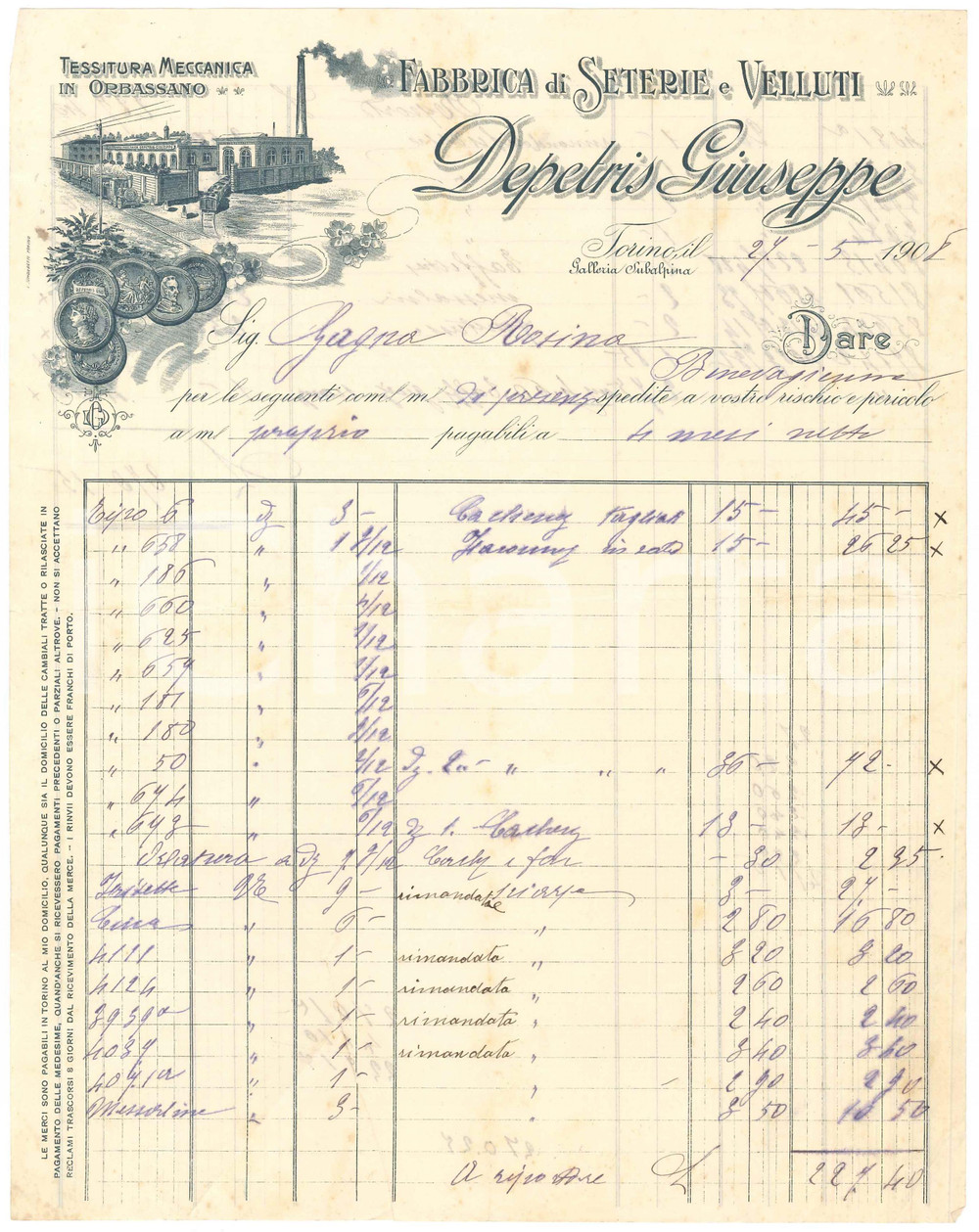 1908 TORINO Galleria Subalpina - Giuseppe DEPETRIS Fabbrica Seterie *Fattura (1)