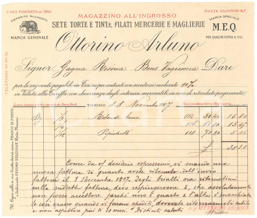 1907 TORINO Piazza Solferino 7 - Ottorino ARLUNO Mercerie Maglierie - Fattura