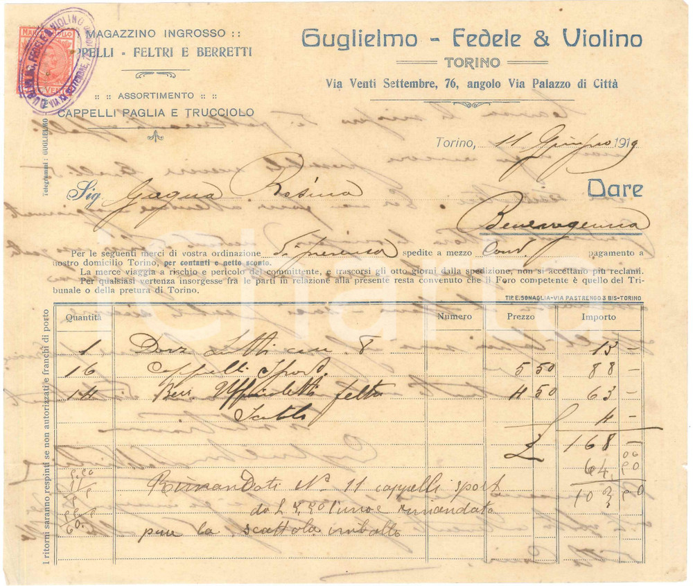 1919 TORINO Via XX Settembre 76 GUGLIELMO-FEDELE & VIOLINO Cappelli *Fattura (1)