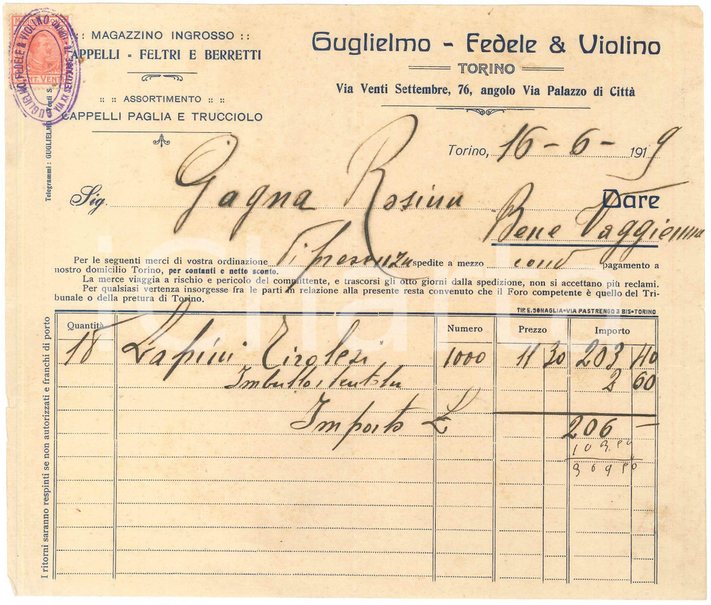 1919 TORINO Via XX Settembre 76 GUGLIELMO-FEDELE & VIOLINO Cappelli *Fattura (2)