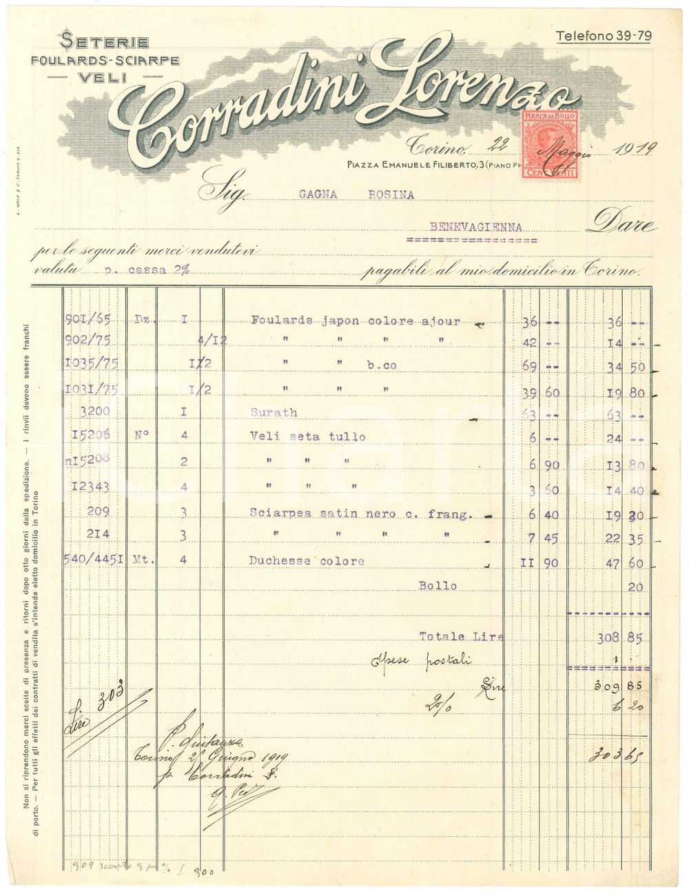1919 TORINO Piazza Emanuele Filiberto 3 Lorenzo CORRADINI Seterie - Fattura (1)