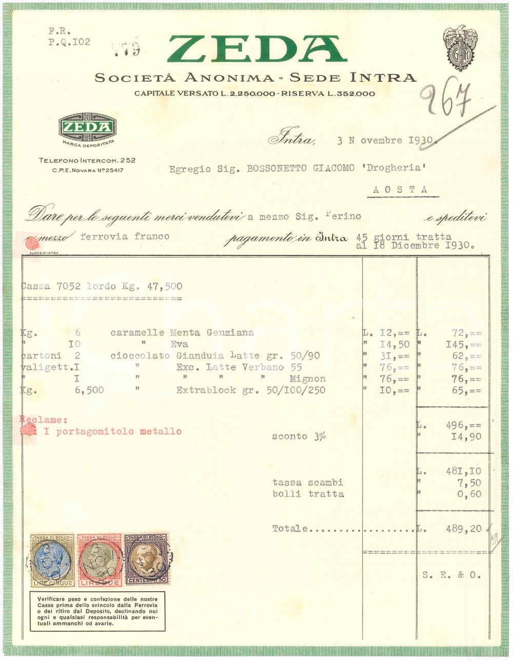 1930 VERBANIA INTRA - Società Anonima ZEDA Industria dolciaria - Fattura
