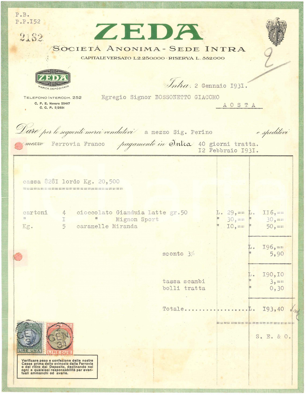 1931 VERBANIA INTRA - Società Anonima ZEDA Industria dolciaria - Fattura (3)