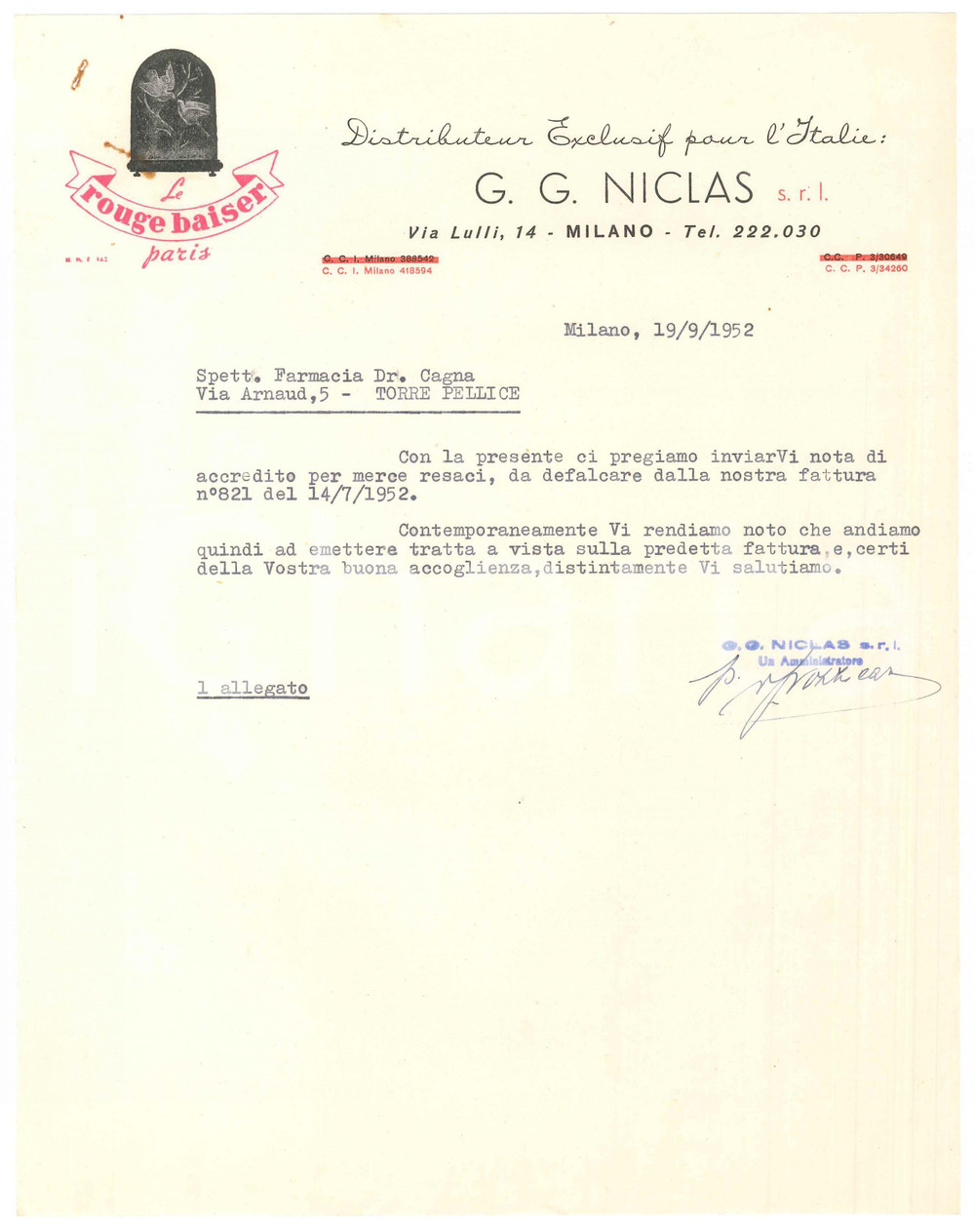 1952 MILANO Via Lulli 14 G. G. NICLAS s.r.l. Distributore ROUGE BAISER - Lettera