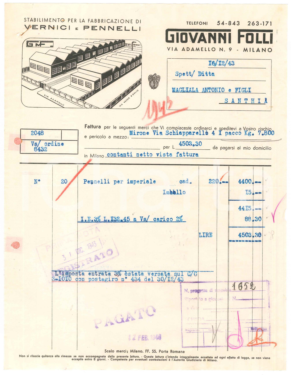 1943 MILANO Via Adamello 9 - Giovanni FOLLI Vernici e pennelli - Fattura