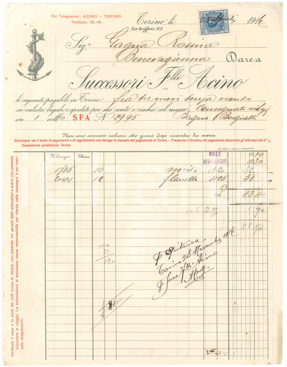 1916 TORINO Via Brofferio 3 Successori F.lli ACINO Stoffe - Fattura commerciale