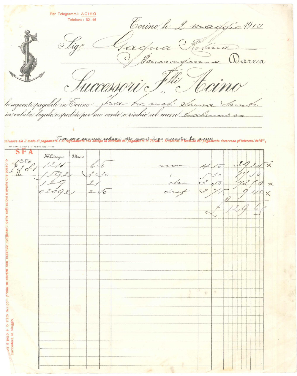 1910 TORINO - Successori F.lli ACINO Tessuti - Fattura commerciale