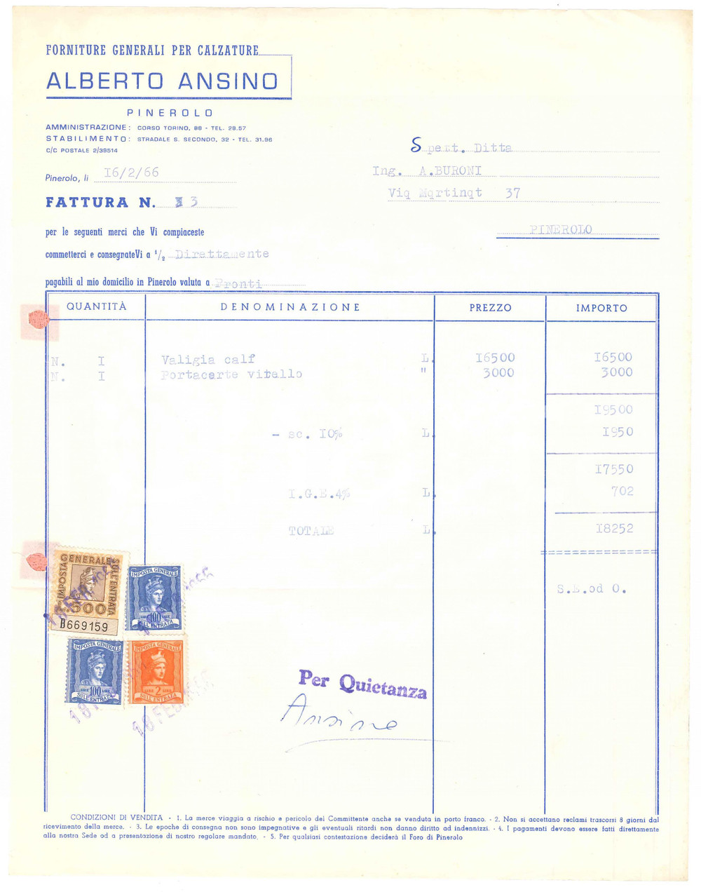 1966 PINEROLO (TO) Alberto ANSINO Forniture generali per calzature - Fattura (1)