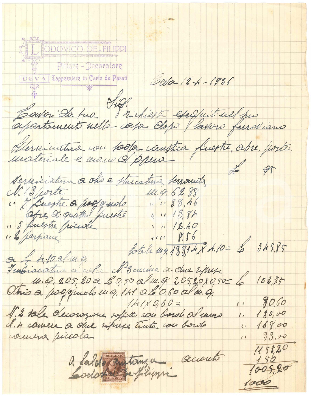1936 CEVA (CN) Lodovico DE FILIPPI - Pittore-decoratore  - Fattura manoscritta Fattura commerciale d'epoca manoscritta, su carta intestata.PAGINE: 1 FAIR/discreto piegature d'epoca; lievi macchie al lato superiore  originale e autentica 1