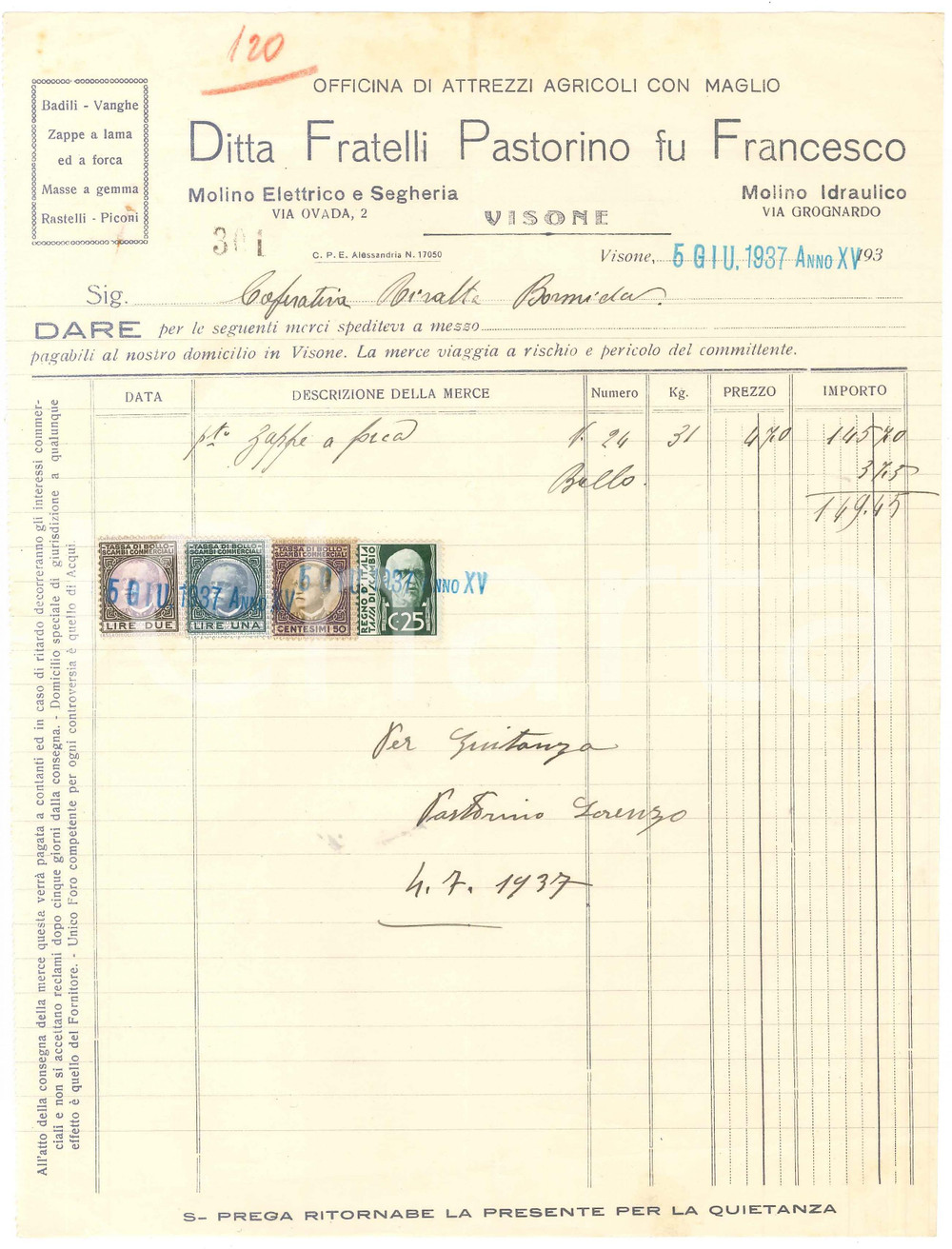 1937 VISONE (AL) - Fratelli PASTORINO fu Francesco Attrezzi agricoli - Fattura
