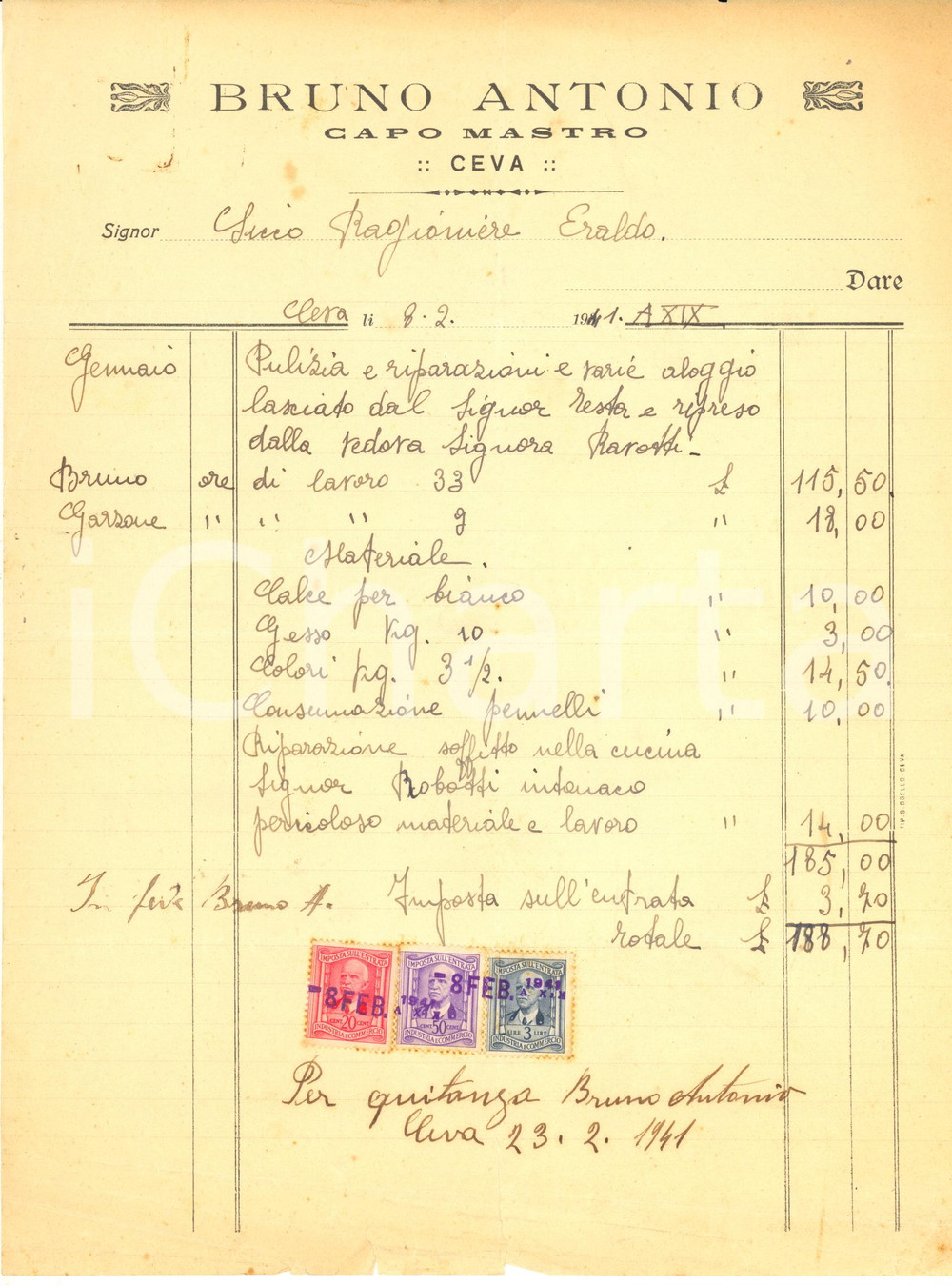 1941 CEVA (CN) - Antonio BRUNO Capo Mastro - Fattura per lavori (1) Fattura commerciale d'epoca manocritta, su carta intestata.Marche da bollo.PAGINE: 1 FAIR/discreto piegature d'epoca; strappi marginali; macchie al lato superiore Formato: 22x29 cm originale e autentica 1