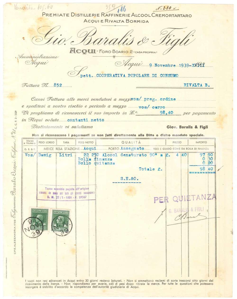 1939 ACQUI TERME (AL) - Gio. BARALIS & Figli Premiate distillerie - Fattura (3)