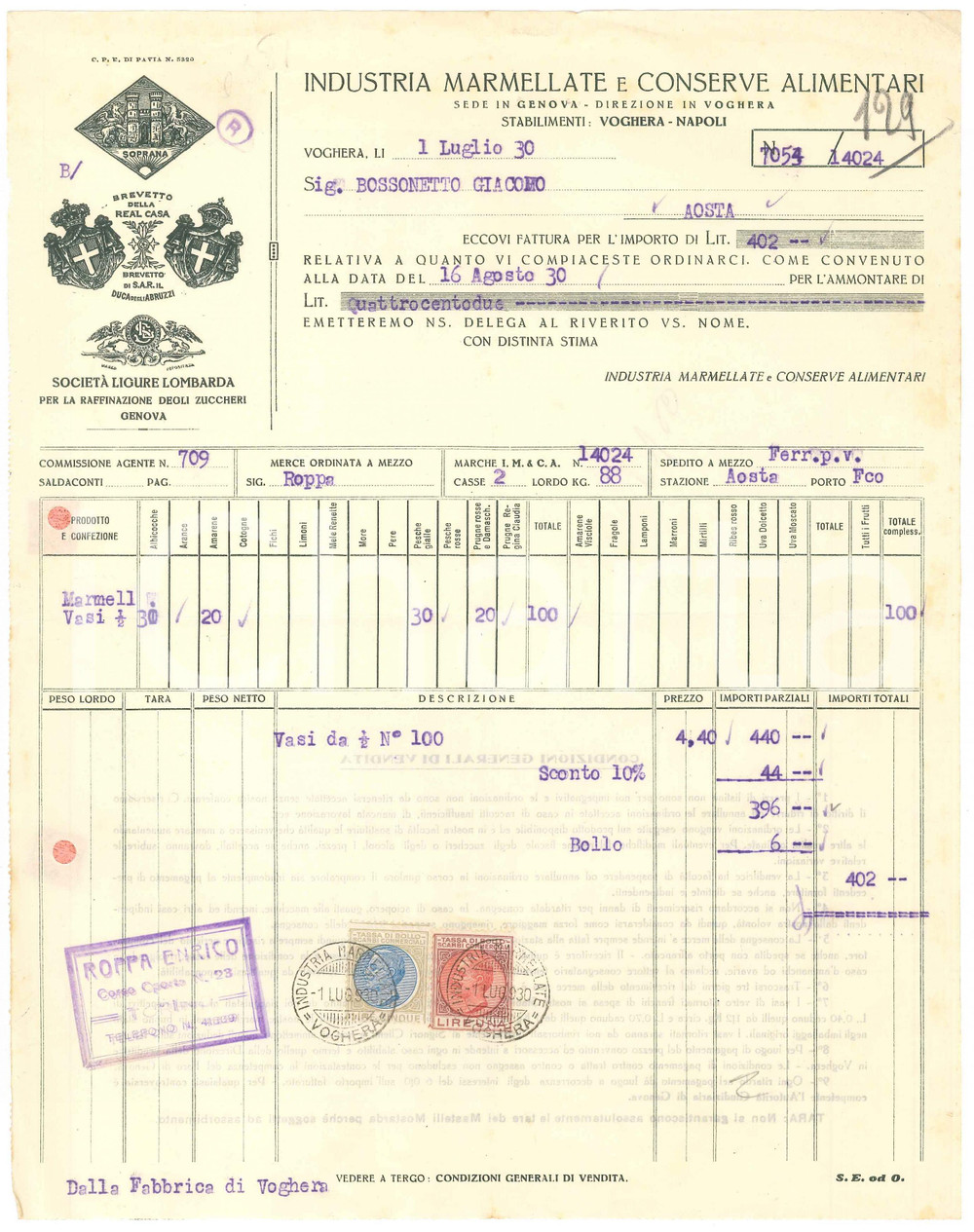 1930 VOGHERA (PV) - Industria marmellate e conserve alimentari - Fattura