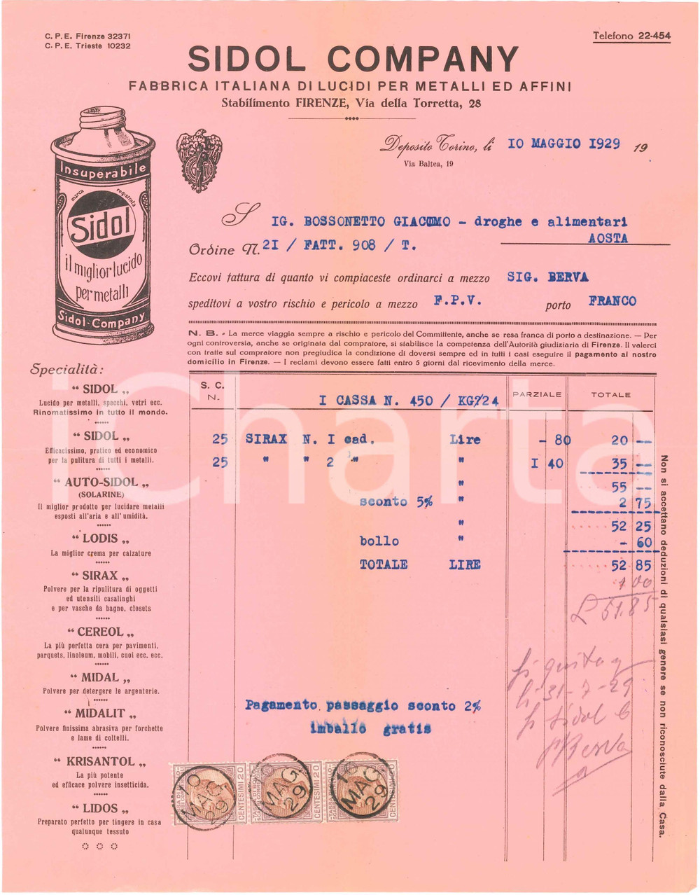1929 TORINO Via Baltea 19 - SIDOL COMPANY Lucidi per metalli ed affini - Fattura