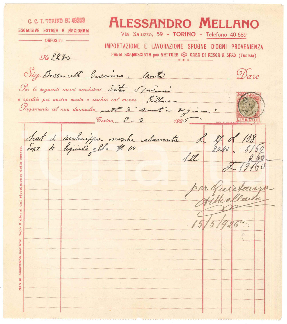 1926 TORINO Via Saluzzo 59 - Alessandro MELLANO Lavorazione spugne - Fattura