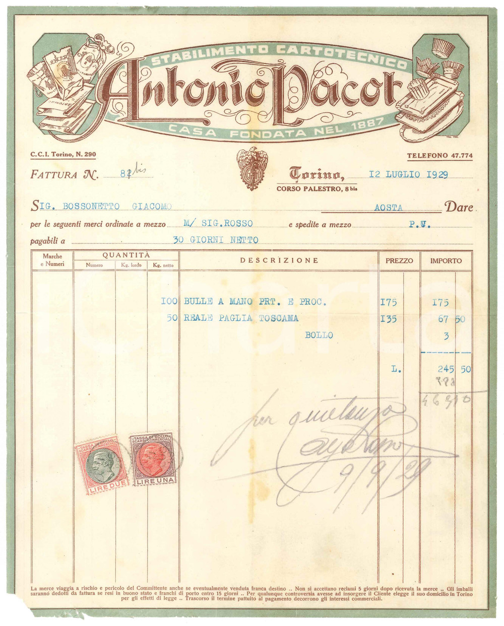 1929 TORINO C.so Palestro - Antonio PACOT Stabilimento cartotecnico *Fattura (5) Fattura commerciale d'epoca dattiloscritta, su carta intestata.Presenti marche da bollo.  FAIR/discreto piegature d'epoca; ingiallimenti; mancanza angolare  originale e autentica 1