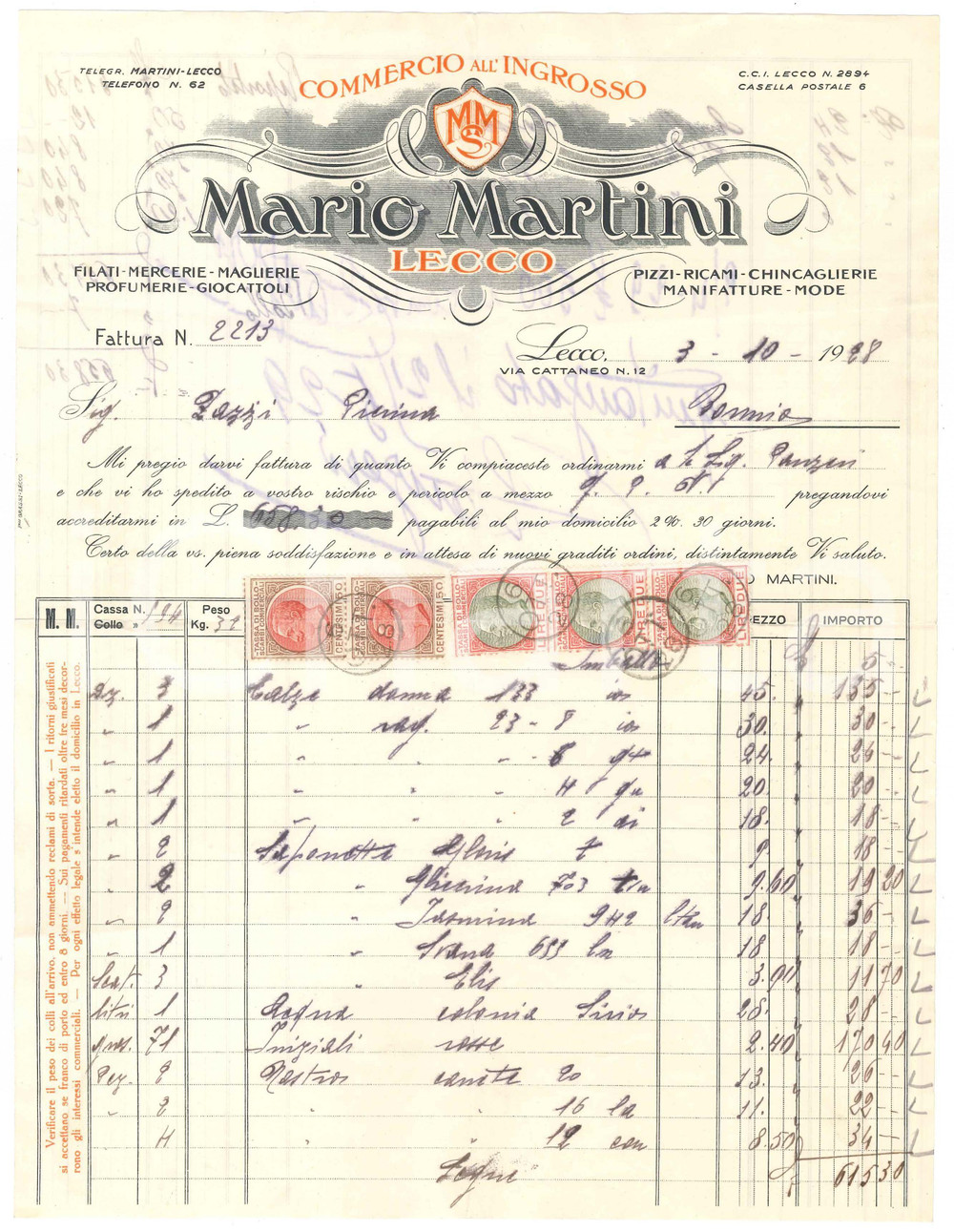 1928 LECCO Via Cattaneo 12 - Mario MARTINI Commercio ingrosso -  Fattura Fattura commerciale d'epoca dattiloscritta, su carta intestata.Marche da bollo.PAGINE: 1 (2 facciate)  FAIR/discreto piegature d'epoca; lievi gualciture  originale e autentica 1