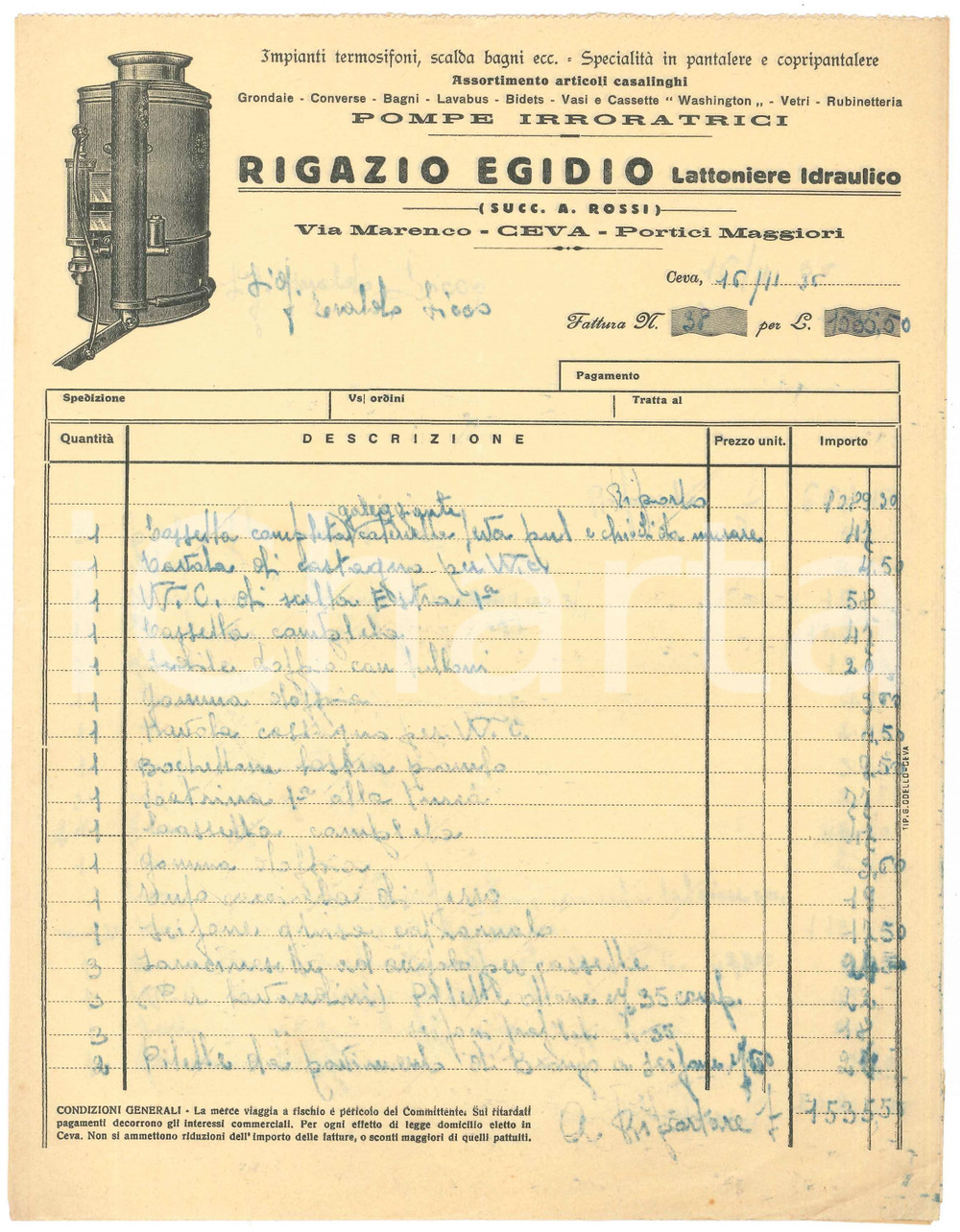 1935 CEVA Egidio RIGAZIO - Lattoniere idraulico - Pompe - Fattura