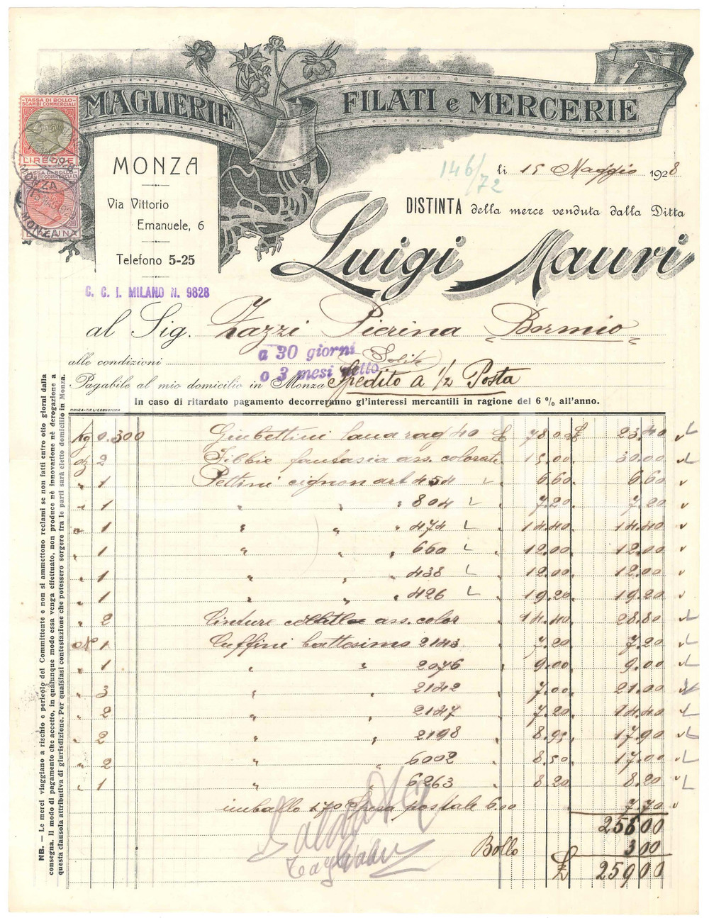 1928 MONZA Via Vittorio Emanuele 6 - Luigi MAURI maglierie -  Fattura Fattura commerciale d'epoca manoscritta, su pregevole carta intestata.PAGINE: 1 FAIR/discreto piegature d'epoca  originale e autentica 1