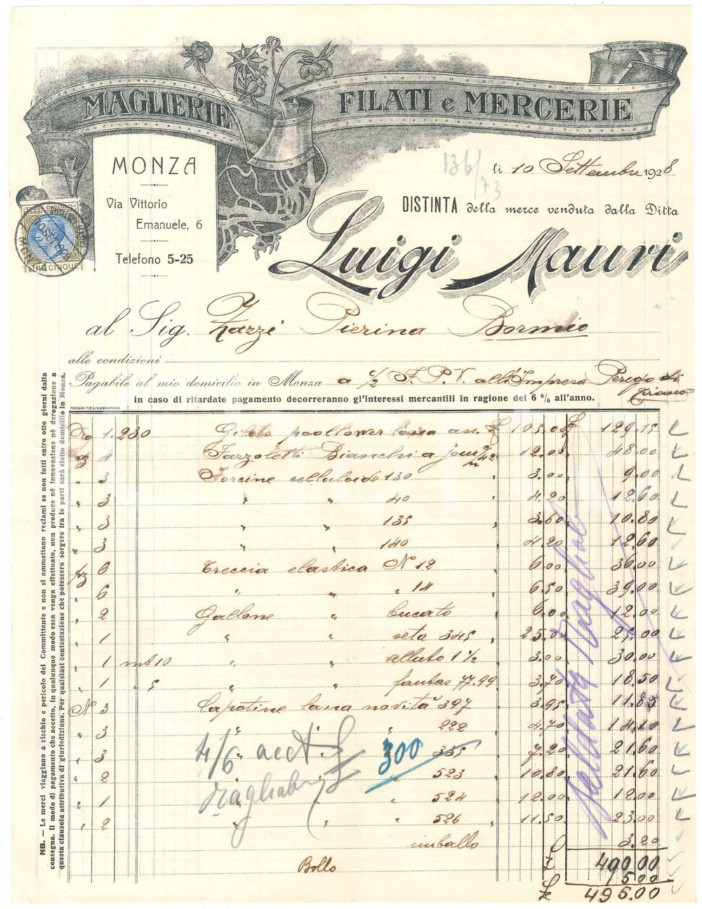 1928 MONZA Via Vittorio Emanuele 6 - Luigi MAURI maglierie -  Fattura (2)
