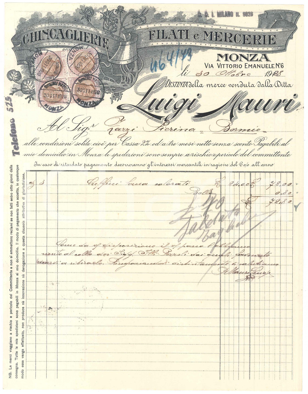 1928 MONZA Via Vittorio Emanuele 6 - Luigi MAURI maglierie - Fattura (3)