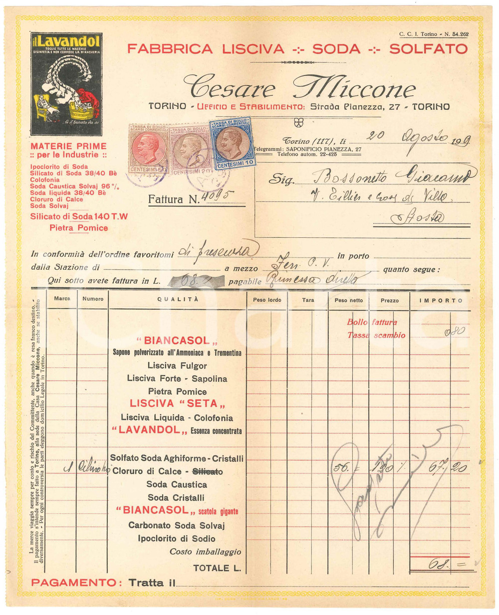 1929 TORINO Strada Pianezza 27 Cesare MICCONE Lisciva Soda Solfato - Fattura (3)