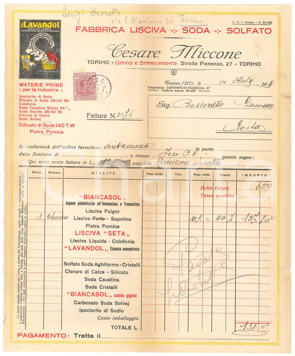 1929 TORINO Strada Pianezza 27 Cesare MICCONE Lisciva Soda Solfato - Fattura (4)