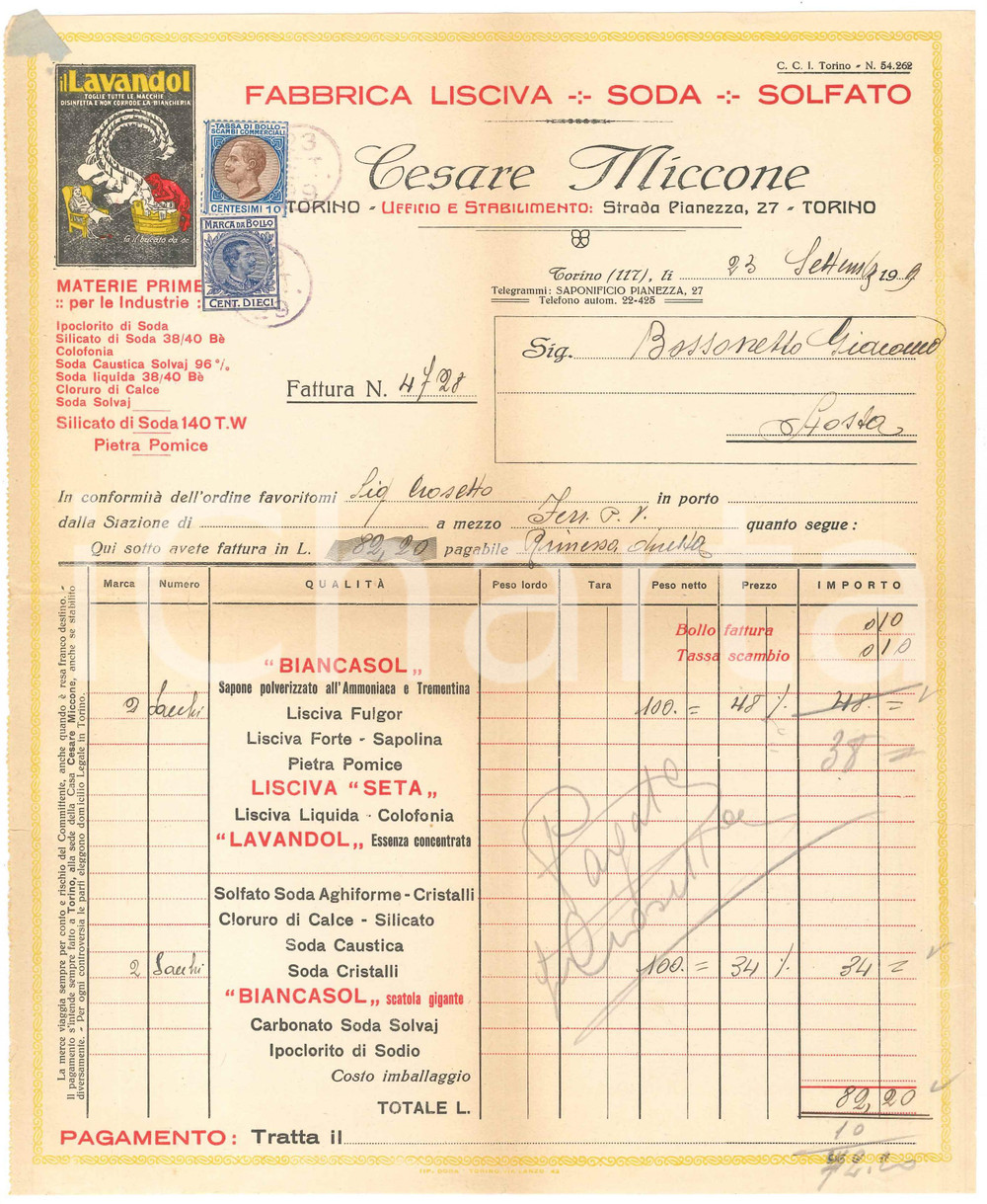 1929 TORINO Strada Pianezza 27 Cesare MICCONE Lisciva Soda Solfato - Fattura (5)