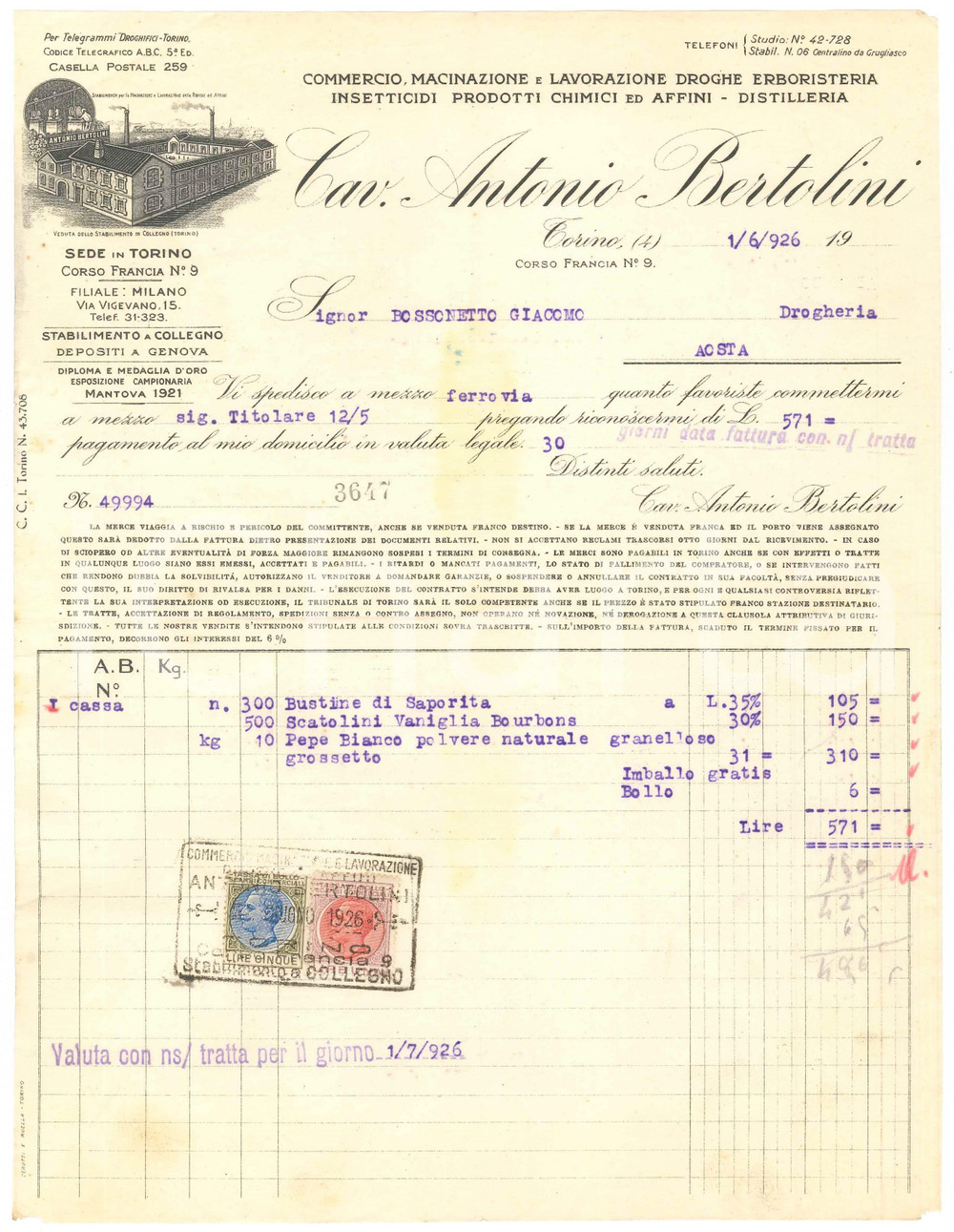 1926 TORINO Corso Francia 9 Cav. Antonio BERTOLINI Droghe Erboristeria *Fattura Fattura commerciale d'epoca dattiloscritta, su carta intestata.Presenti marche da bollo.PAGINE: 1  FAIR/discreto piegature d'epoca; lieve ingiallimento FORMATO: 22x28 cm originale e autentica 1