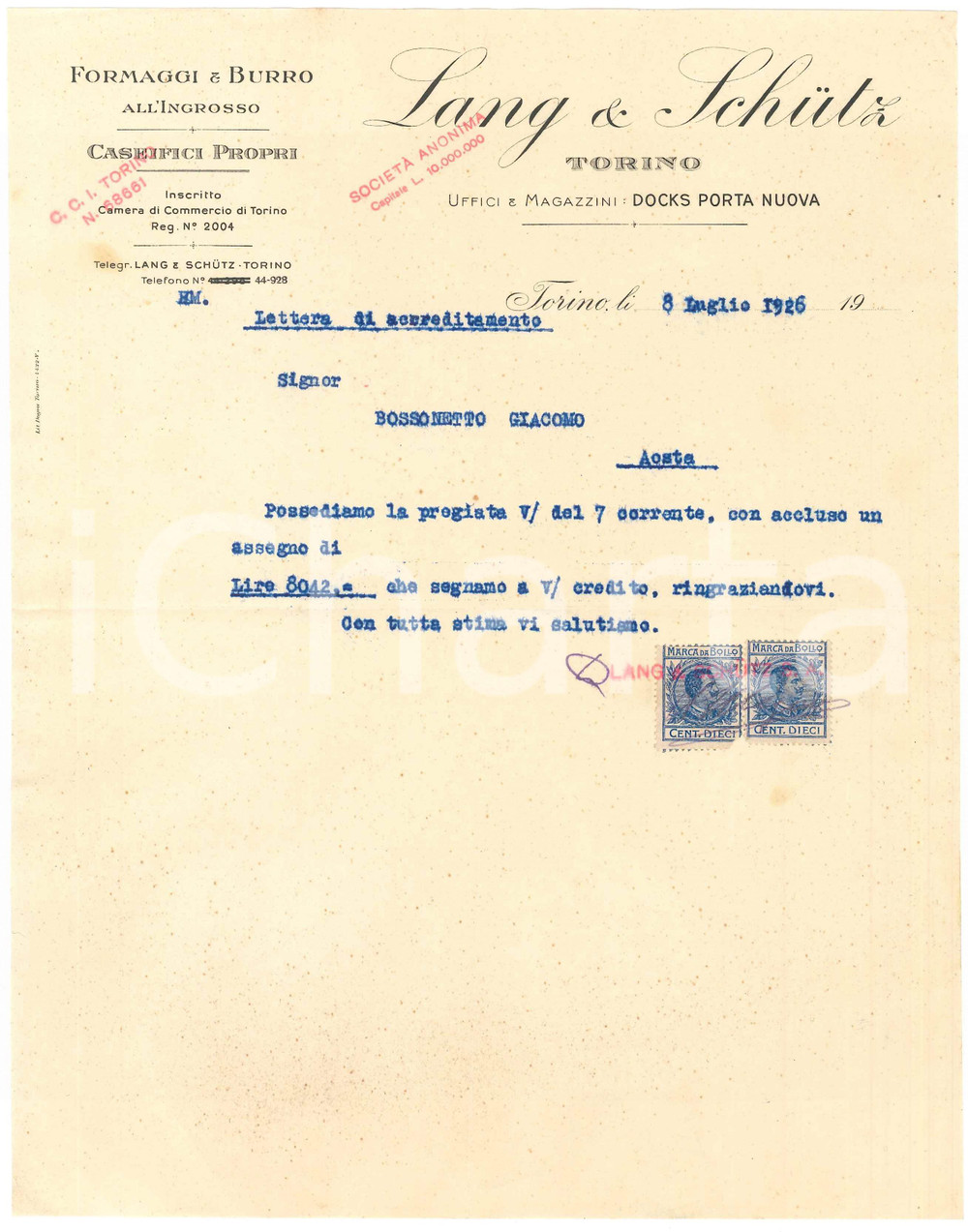 Documento originale, autentico 1926 TORINO Docks Porta Nuova  LANG & SCHUTZ Formaggi e burro  Lettera 1