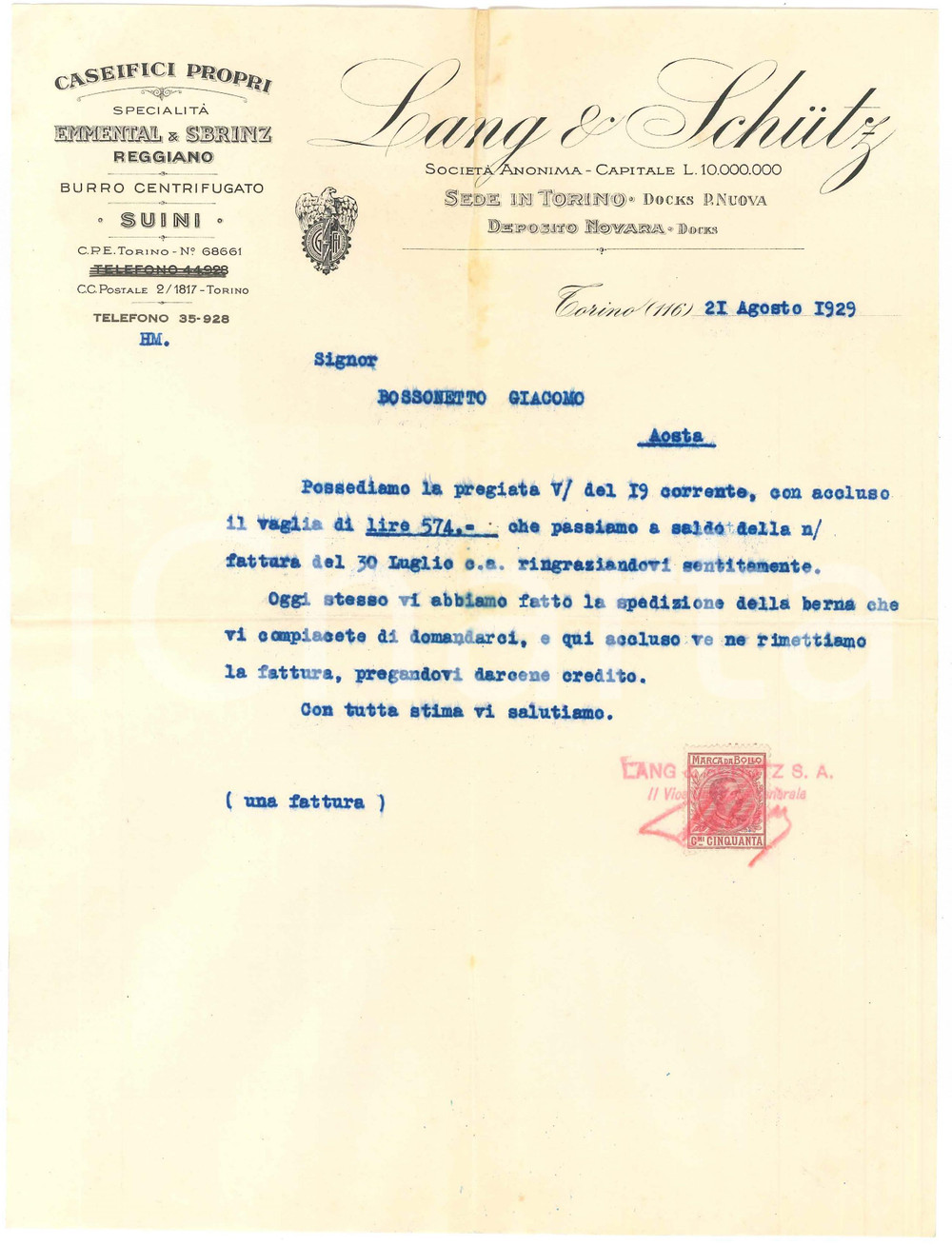 1929 TORINO Docks Porta Nuova - LANG & SCHUTZ Formaggi e burro - Lettera
