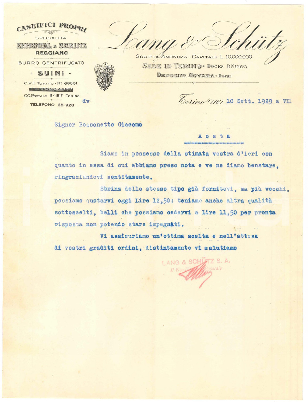 1929 TORINO Docks Porta Nuova - LANG & SCHUTZ Formaggi e burro (2) Lettera