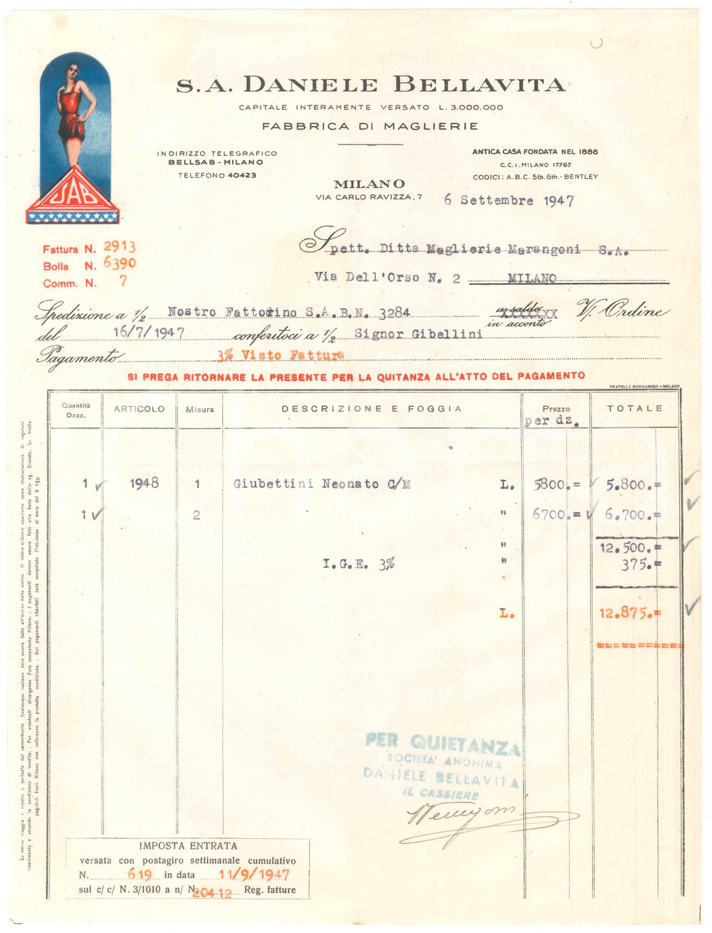 1947 MILANO Via Carlo Ravizza 7 - S.A. Daniele BELLAVITA Maglierie - Fattura (7)