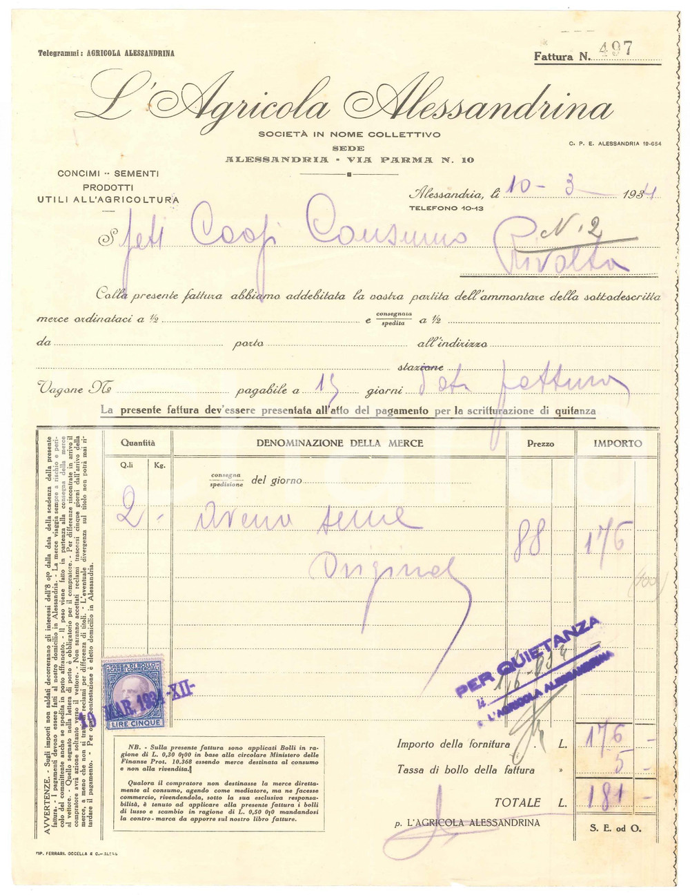 1934 ALESSANDRIA Via Parma - L'Agricola Alessandrina - Fattura per semi di avena