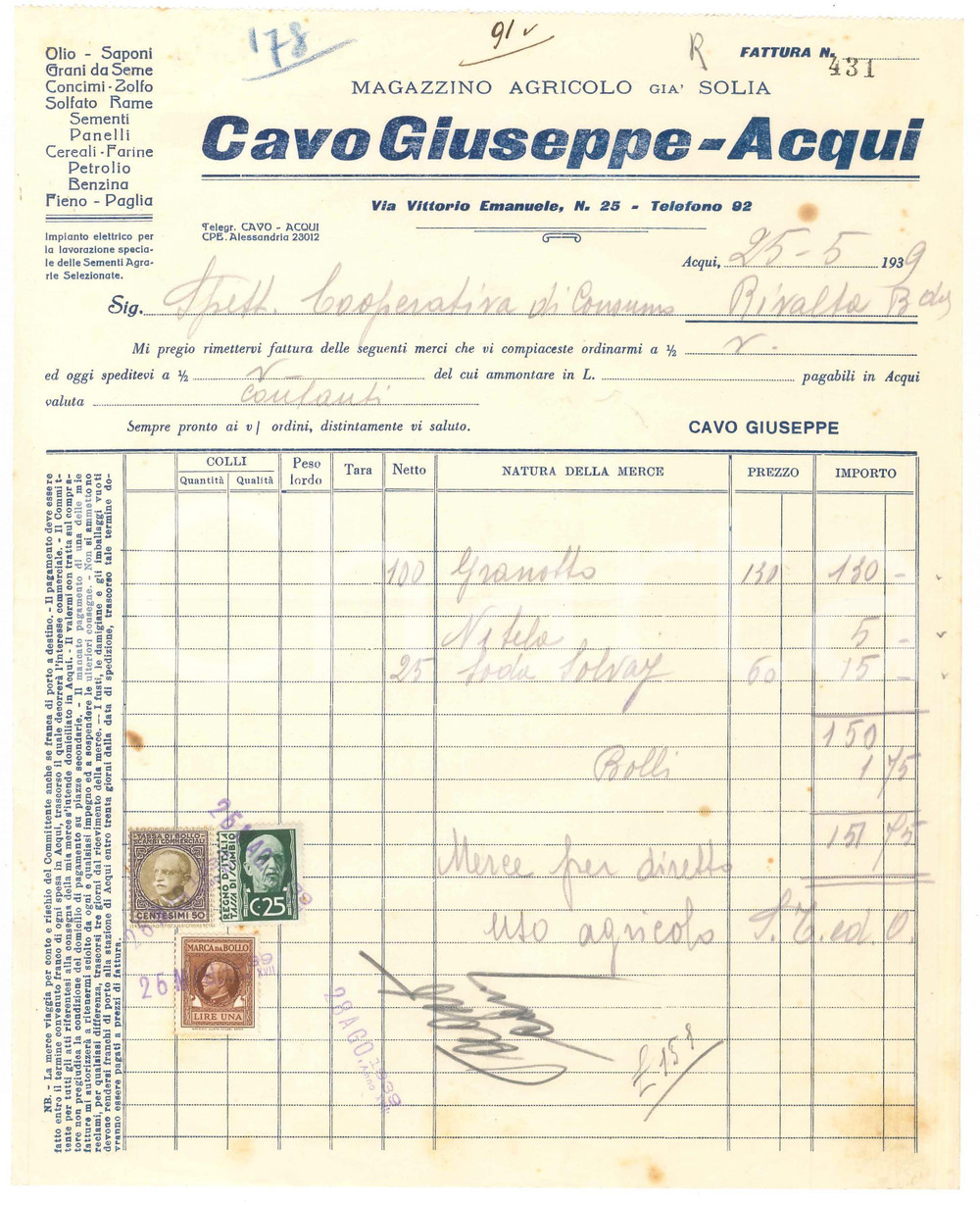 1939 ACQUI TERME (AL) - Giuseppe CAVO Magazzino agricolo già SOLIA - Fattura (2)