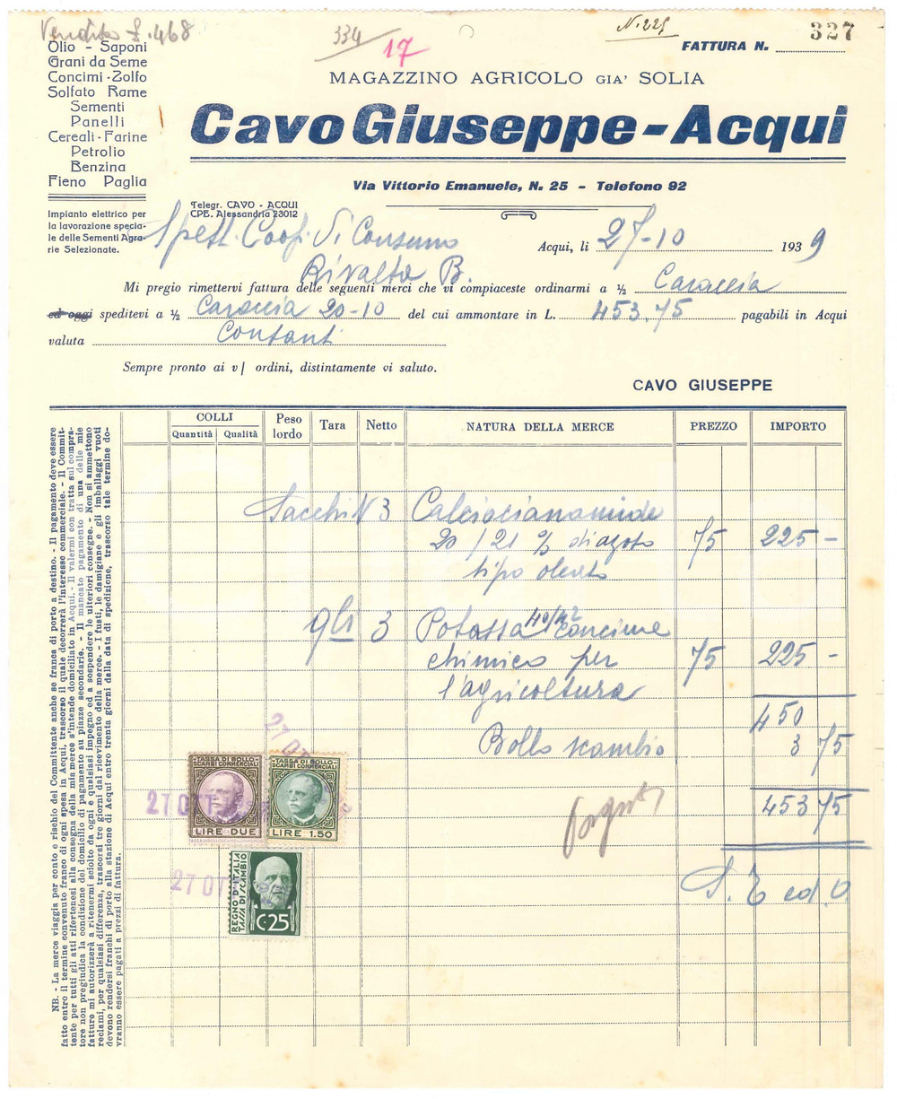 1939 ACQUI TERME (AL) - Giuseppe CAVO Magazzino agricolo già SOLIA - Fattura (1)