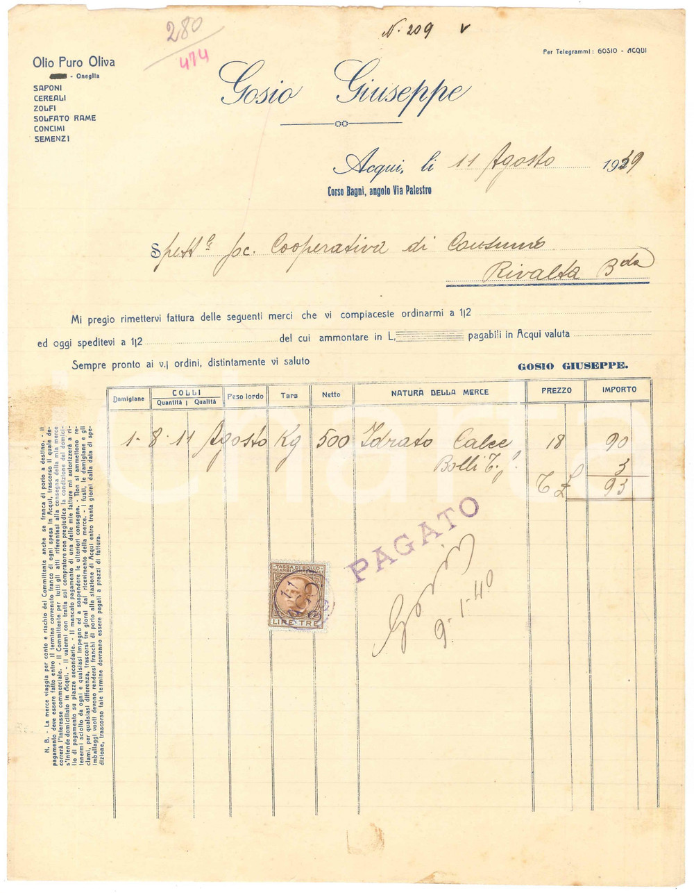 1939 ACQUI TERME (AL) - Giuseppe GOSIO - Fattura commerciale per idrato di calce