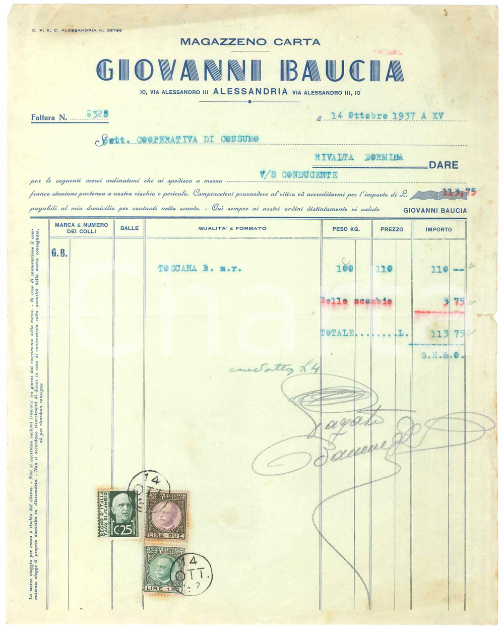 1937 ALESSANDRIA Via Alessandro III - Giovanni BAUCIA Carta - Fattura (1)