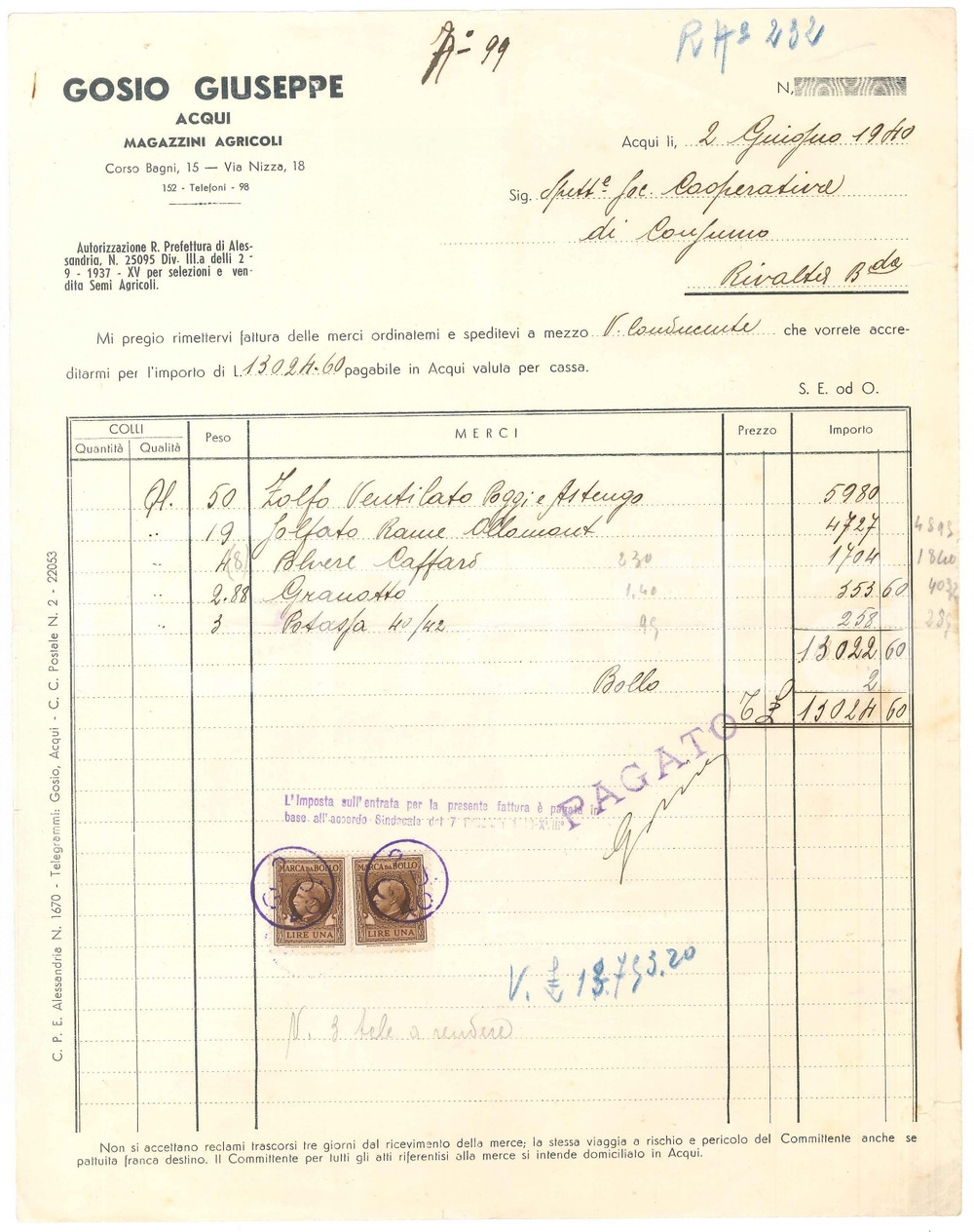 1940 ACQUI TERME (AL) - Giuseppe GOSIO Magazzini agricoli - Fattura