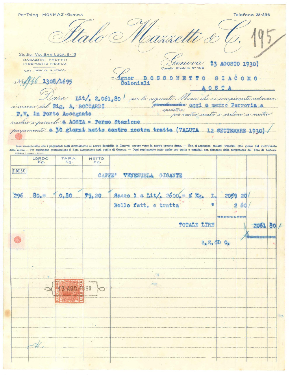 1930 GENOVA Via San Luca 5-12 - Italo MAZZETTI & C. - Fattura per caffè (5)
