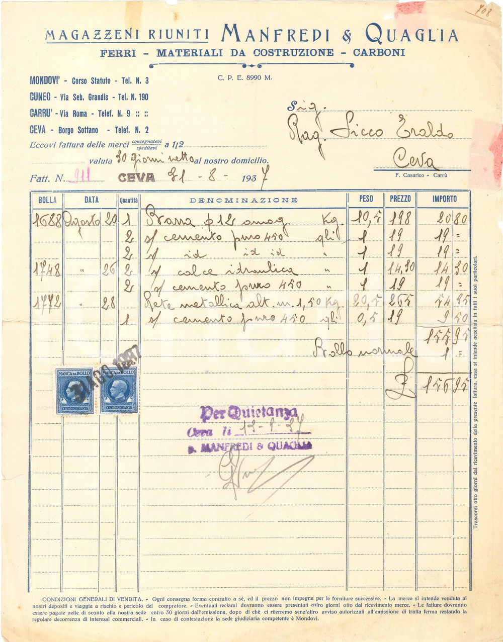 1937 CEVA (CN) - MANFREDI & QUAGLIA Materiali da costruzione - Fattura