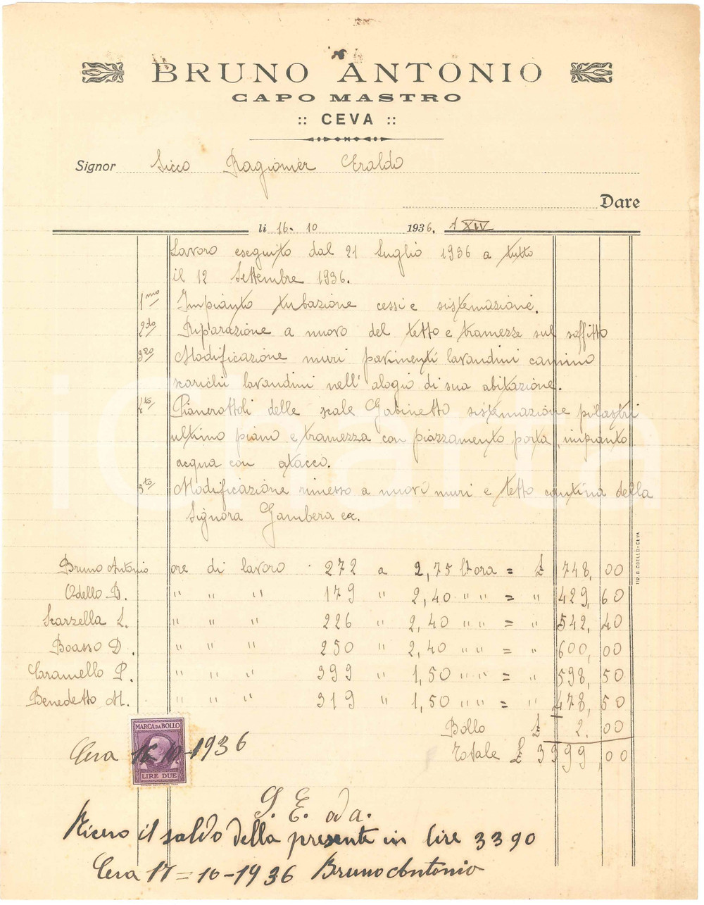 1936 CEVA (CN) - Antonio BRUNO Capo Mastro - Fattura per lavori (2)