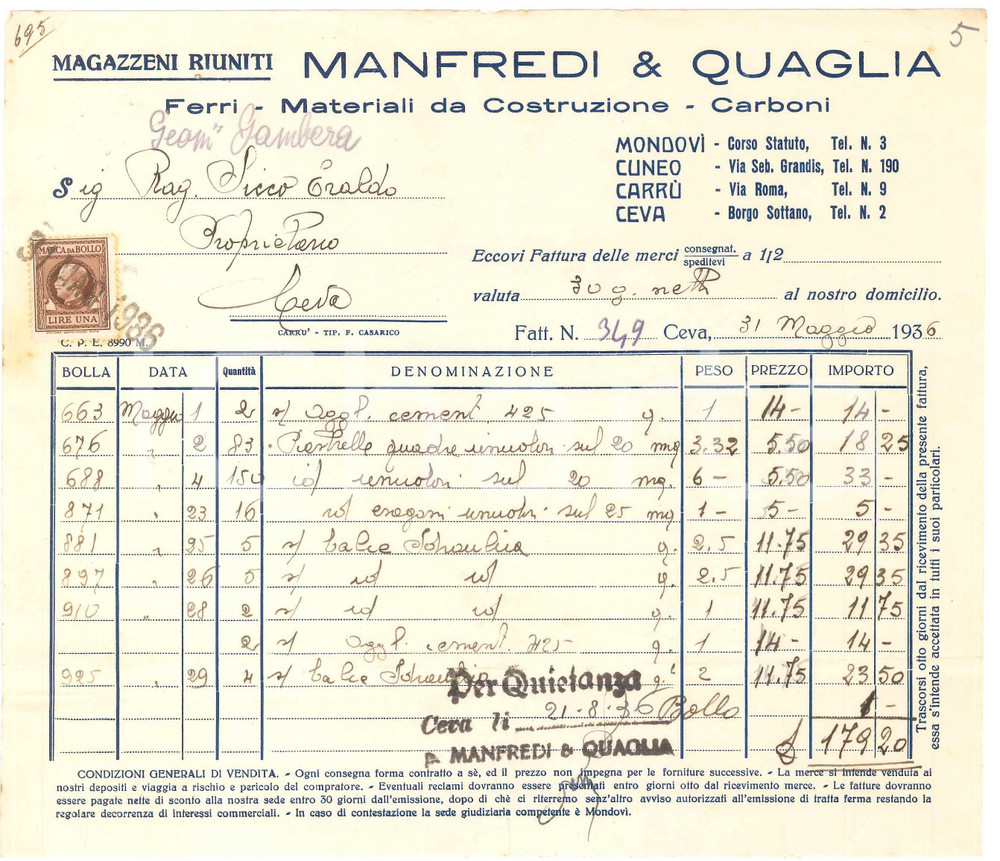 1936 CEVA - MANFREDI & QUAGLIA Materiali da costruzione - Fattura 23x19 cm (1)