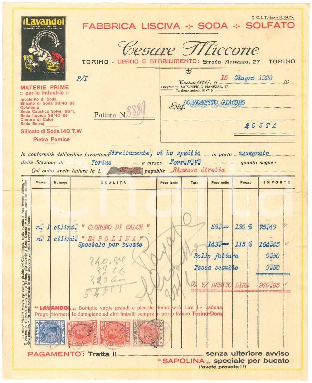 1929 TORINO Strada Pianezza 27 Cesare MICCONE Lisciva Soda Solfato - Fattura (7)