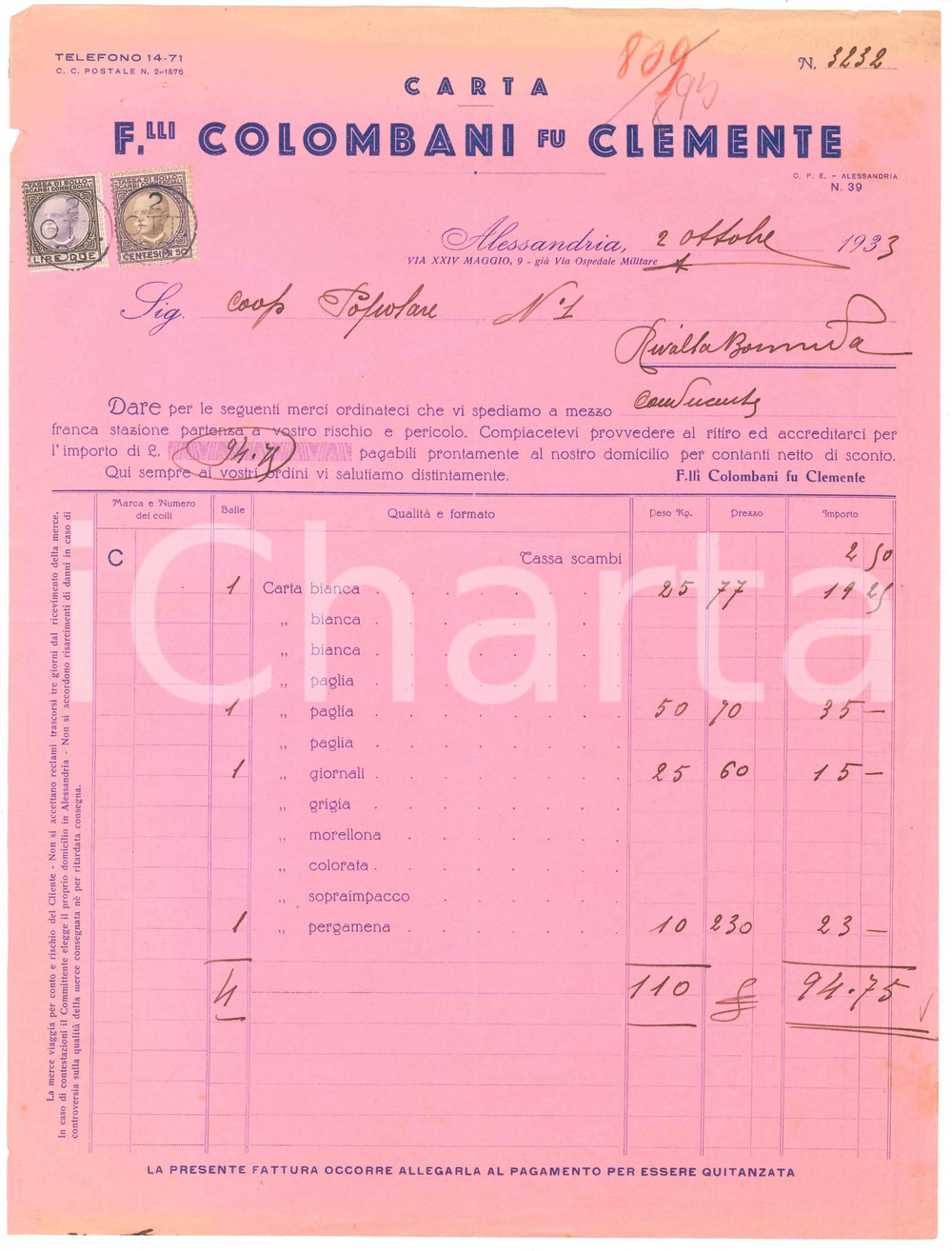 1933 ALESSANDRIA Fratelli COLOMBANI fu Clemente - Carta - Fattura intestata (1)